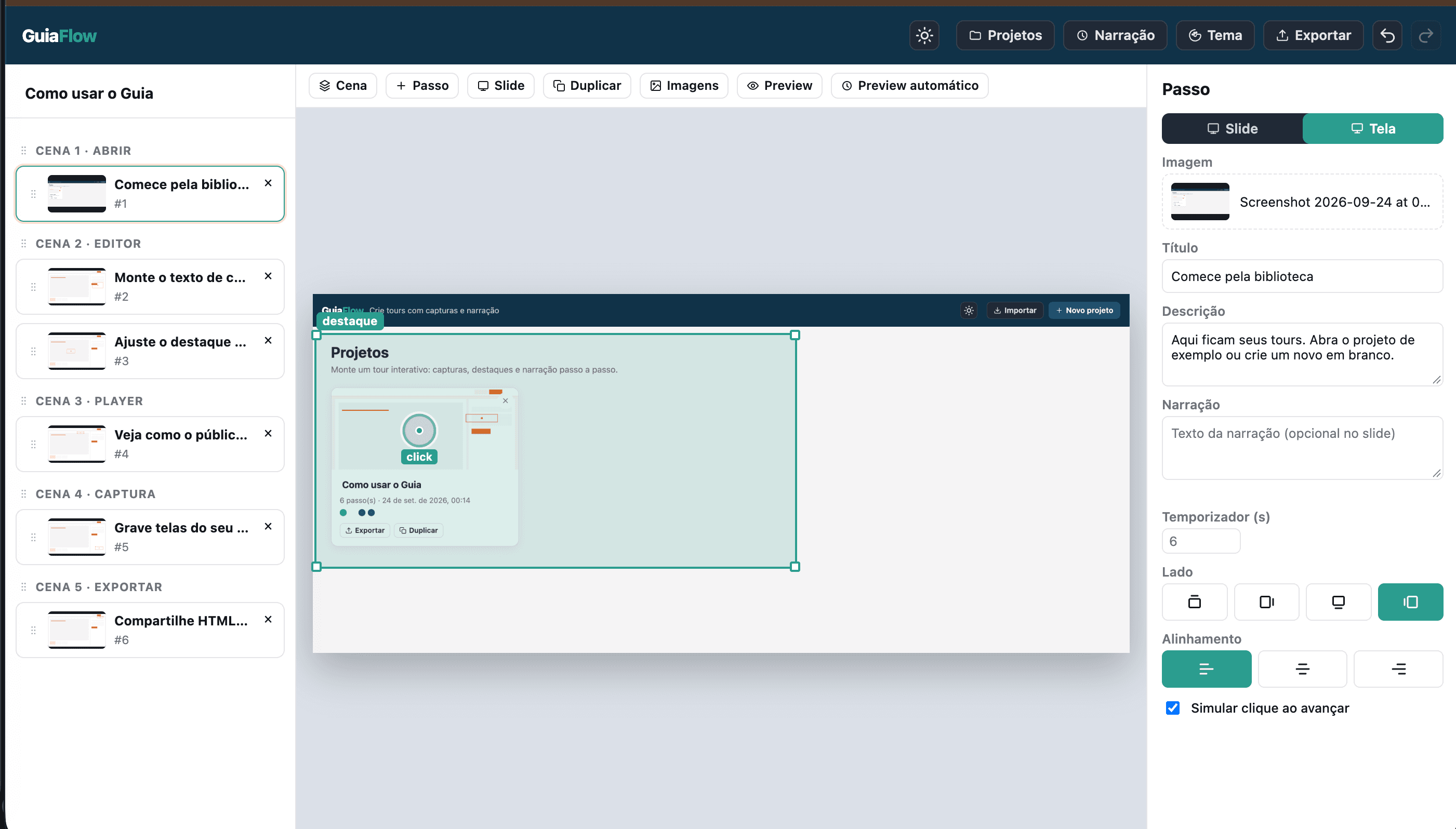 Editor do GuiaFlow, com a lista de cenas, o preview do tour e o painel do passo